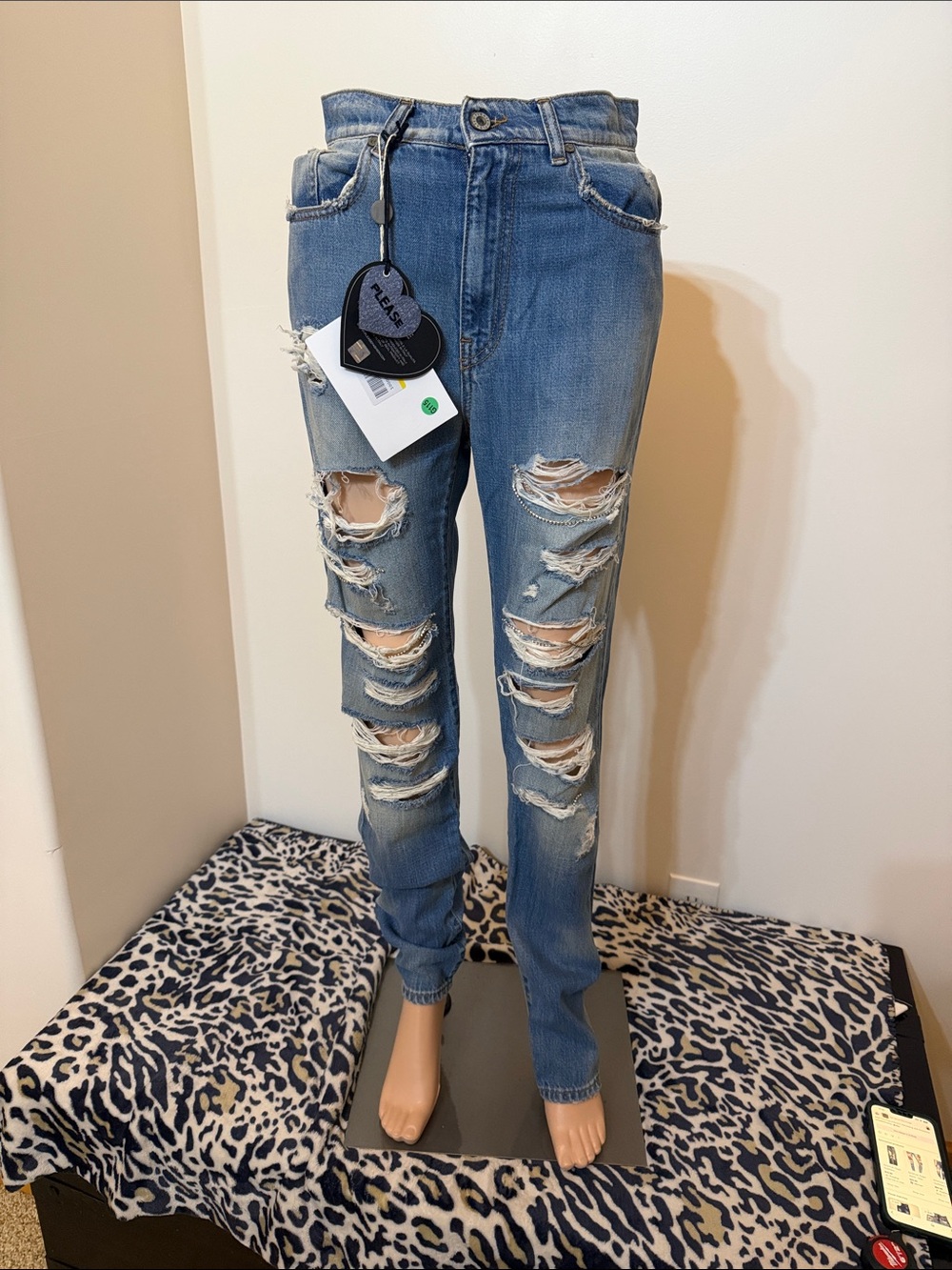 Please Women's Light Blue Ripped Distressed Skinny Jeans with Rhinestones Italy